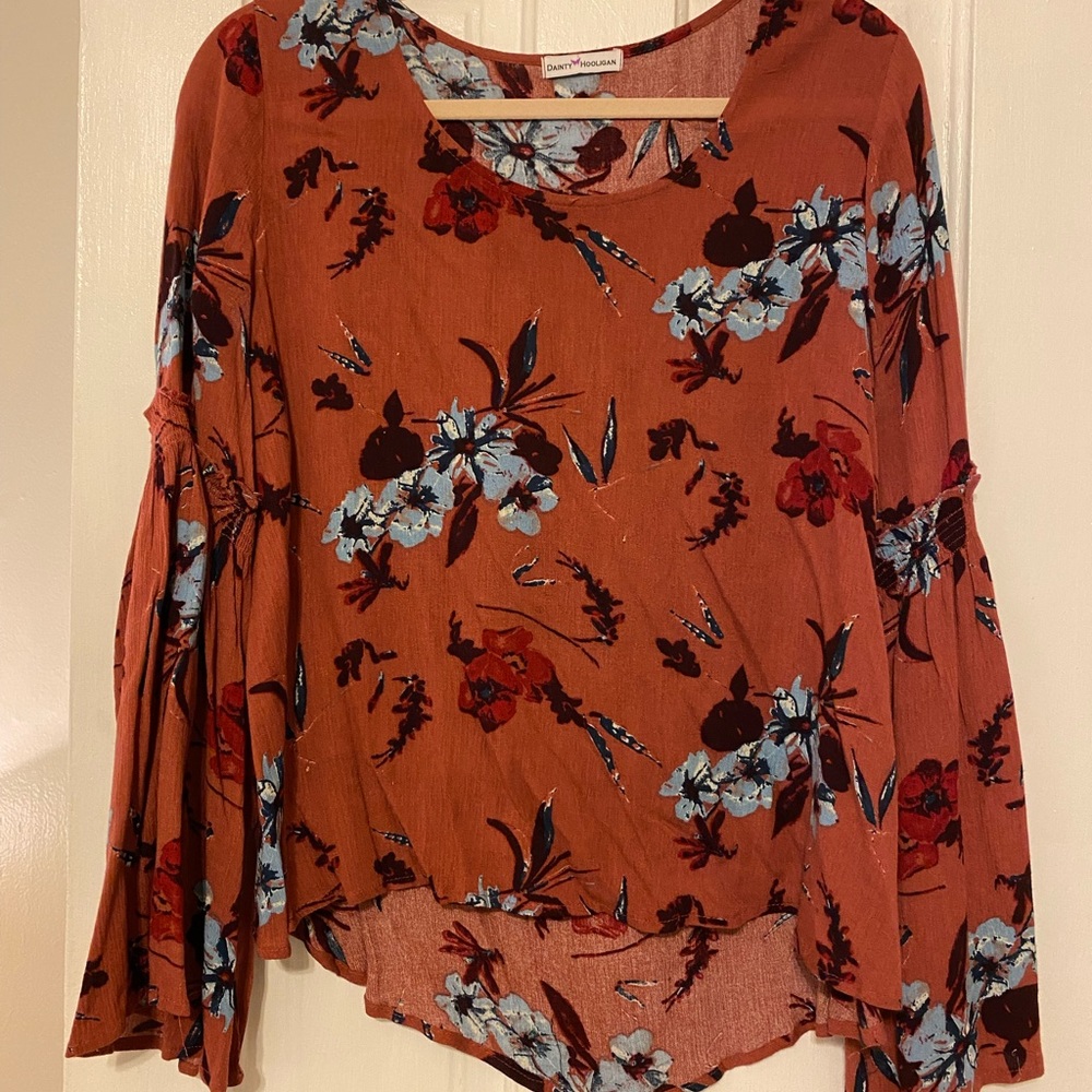 Rusty orange floral top with butterfly sleeves